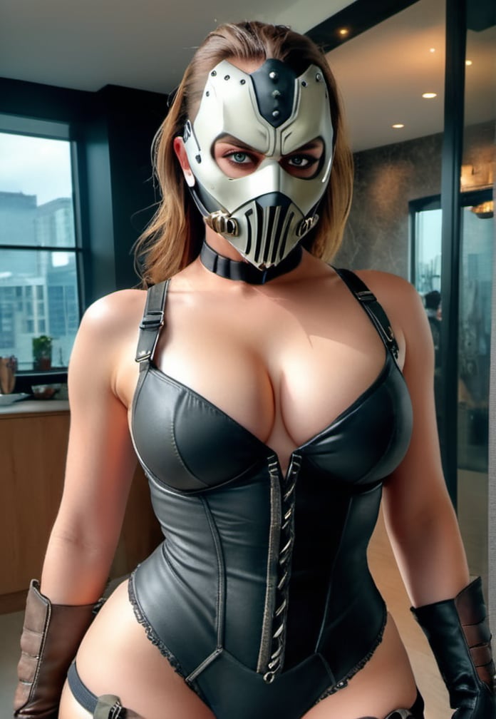 female in bane costume, bane face mask, cosplay, gorgeous, attractive, lingerie, angry, (((full body visible))), looking at viewer, portrait, photography, detailed skin, realistic, photo-realistic, 8k, highly detailed, full length frame, High detail RAW color art, piercing, diffused soft lighting, shallow depth of field, sharp focus, hyperrealism, cinematic lighting