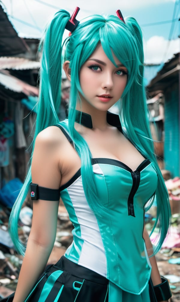 award winning professional outdoor cosplay photography, model italian woman is wearing an authentic cosplay of Hatsune Miku, in the slums of Manila, her face looks really pretty, breathtaking details, masterpiece, best quality, official art, extremely detailed CG unity 8k wallpaper