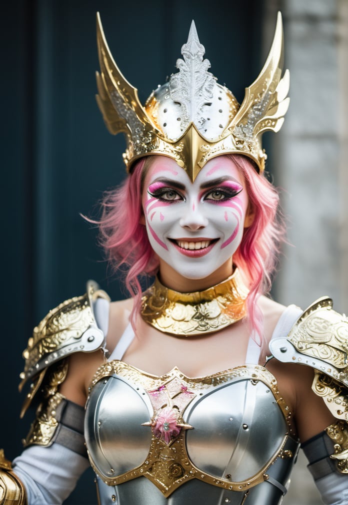 female warrior with realistic intricate golden and silver ornamented european armor with strong uncovered arms holding a knife::3, mime facepaint with pink and white colors, she is smiling and laughing, cosplay photo