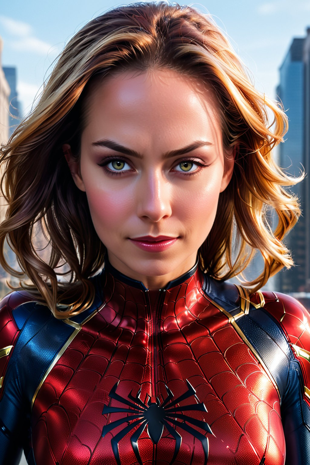 a close up of a woman in a superhero suit posing for a picture, ((spiderwoman)), spider woman, spiderwoman, medium close - up ( mcu ), spiderwoman, textless, marvel style, in style, of marvel, portrait shot, captain marvel, profile shot, style of marvel, marvel character, in style of marvel and dc, marvel superhero, cinematic poster