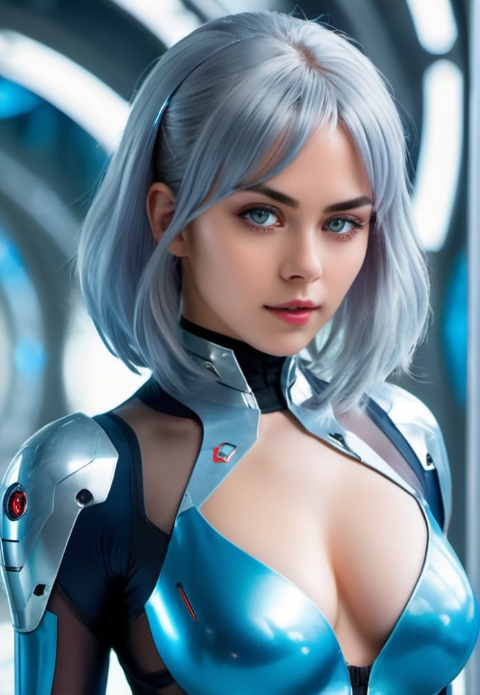 (masterpiece, best quality), 1girl, beautiful face, ayanami cosplay costume, cosplay, long hair, bodysuit, skin tight, hairpods, see-through, futuristic lab background,