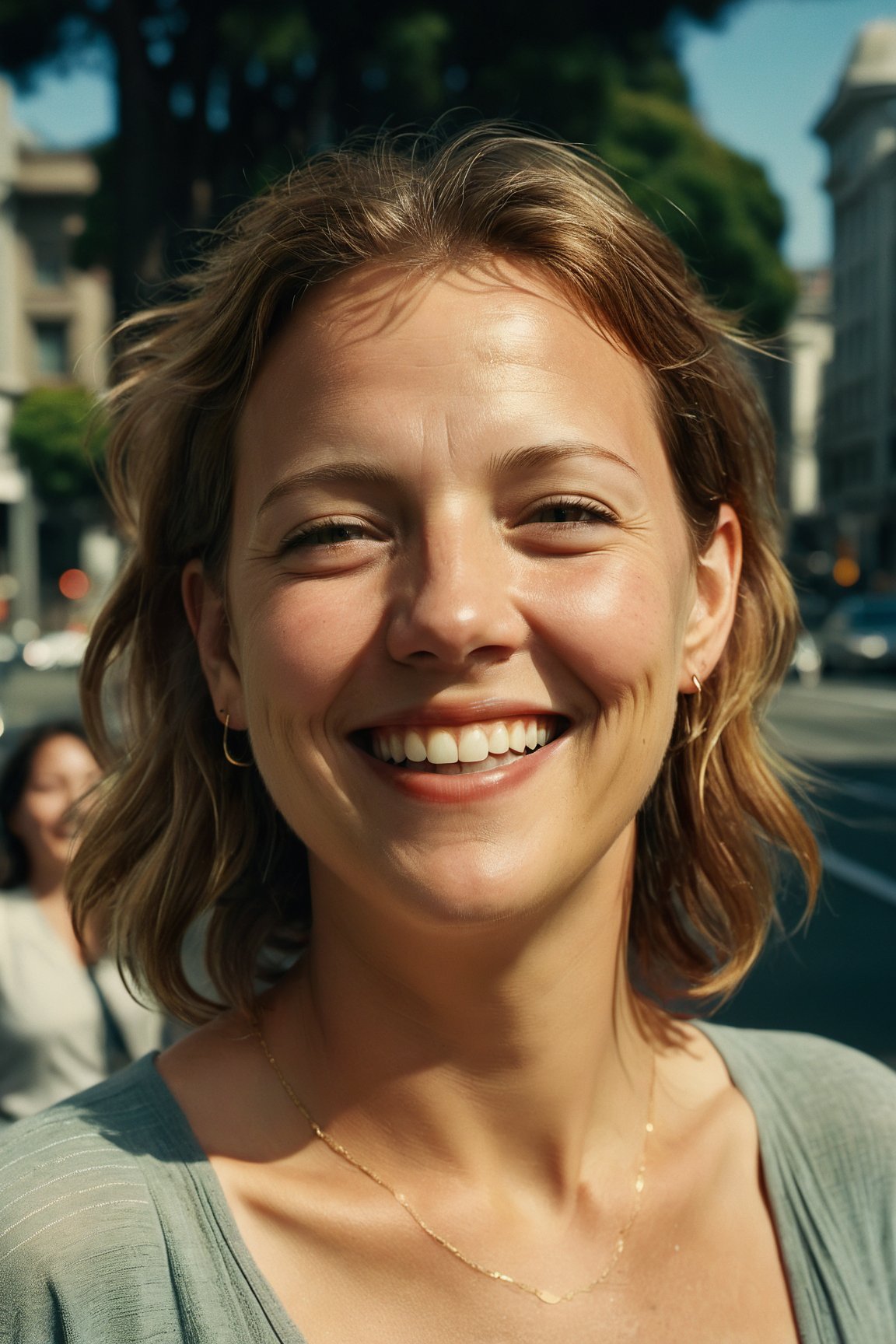 cinematic of extremely content happy smile , + / A fit light brown haired woman in San Francisco, California in summer at midday, directed by Kevin Costner Ektachrome, Romantic, Realism, flat lighting, gilded technique, DOF, bokeh, cinematic Color grad ,Cinematic 