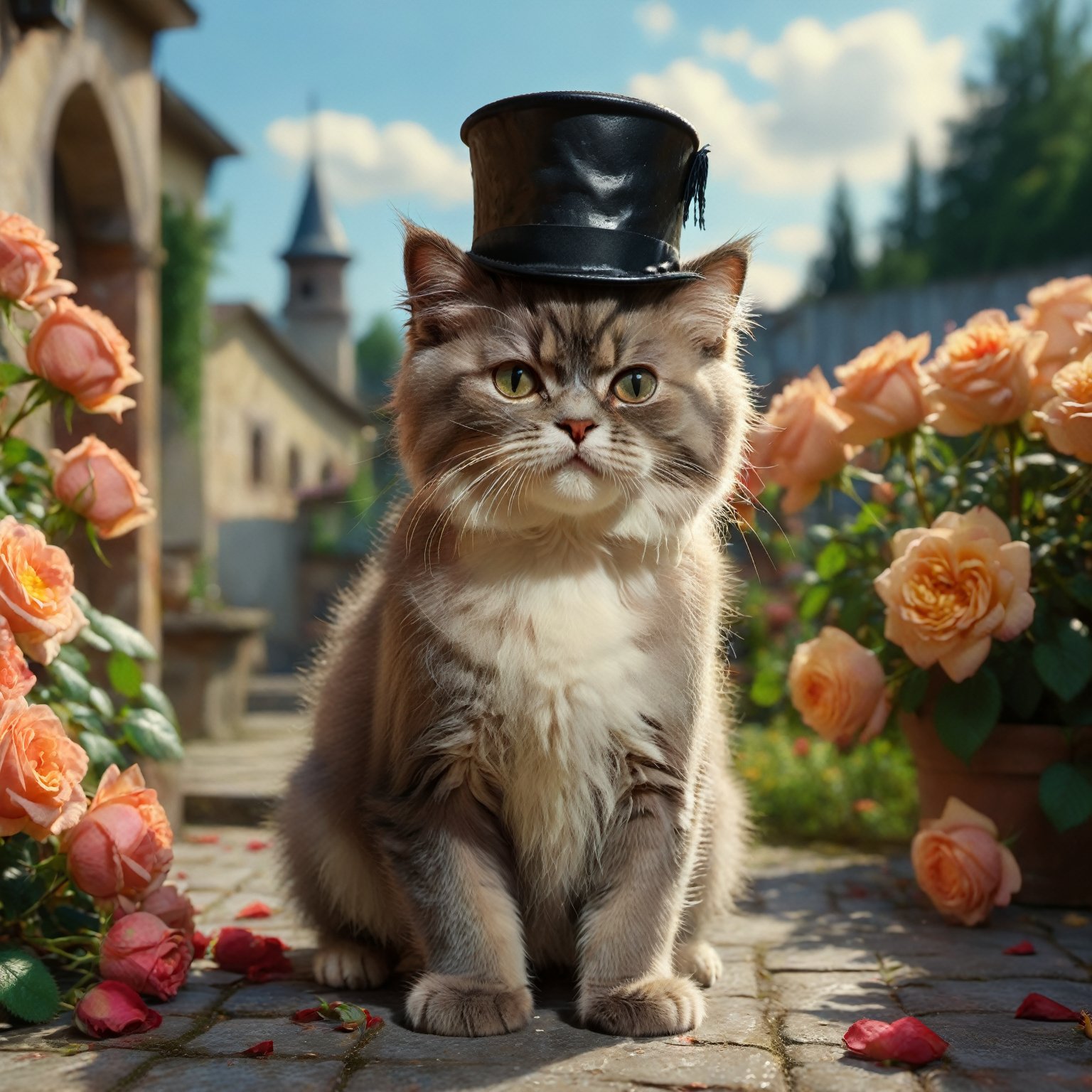 professional enamel painting art of a cute persian kitten surrounded by roses. The kitten is wearing a  small top hat. It is summer morning time and clear weather. cinematic focus on the cat, dynamic pose, dynamic background, dynamic composition, dynamic lighting, realistic proportions, hdr, raytracing,  extreme detailed, ultra detailed, intricate details, 16k resolution, ultra realistic, photorealistic, highly detailed atmosphere, highly detailed textures.,Cinematic 