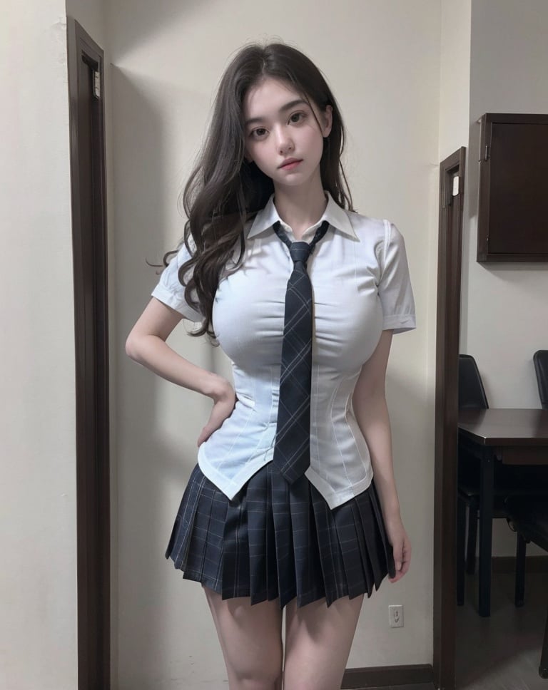 (masterpiece, best quality:1.4),finely detailed,1girl,solo,pale skin,perfect body,(gigantic breasts:1.2),standing,<lora:性感学生jk制服3-000008:0.8>,necktie,plaid,plaid skirt,school uniform,white shirt,(focus on the chest),