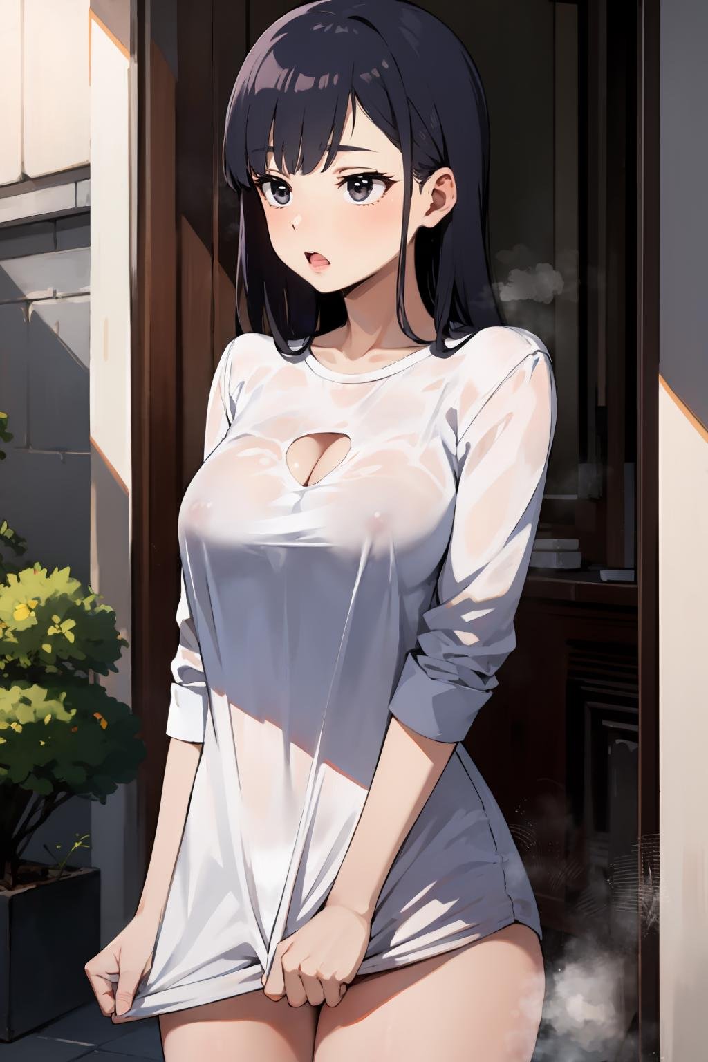 masterpiece,high quality,highres,1girl,solo,large breasts,<lora:hickey-v3-wasabiya:1>,hcky,cleavage,<lora:clothestug-wasabiya:1>,shtug,surprised,wide-eyed,standing,naked shirt,steam,hickey,(black eyes , ),