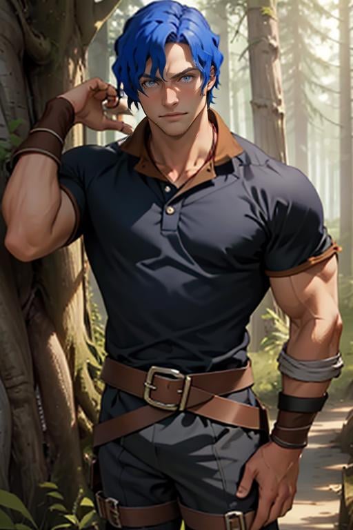 <lora:Brain_Unglaus_Overlord-03:1>, Brain_Unglaus_Overlord, solo, blue eyes, 1boy, blue hair, cowboy shot, male focus, boots, belt, muscular, wavy hair, muscular male, forest,, (masterpiece,best quality:1.5)