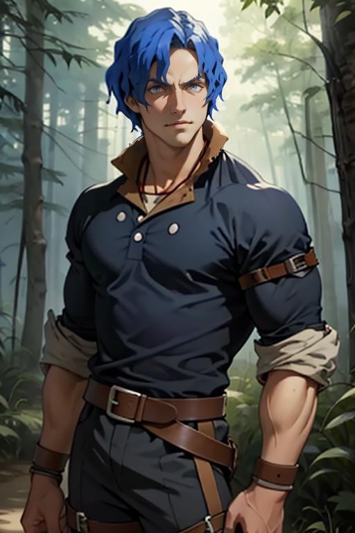 <lora:Brain_Unglaus_Overlord-03:1>, Brain_Unglaus_Overlord, solo, blue eyes, 1boy, blue hair, cowboy shot, male focus, boots, belt, muscular, wavy hair, muscular male, forest, (masterpiece,best quality:1.5)