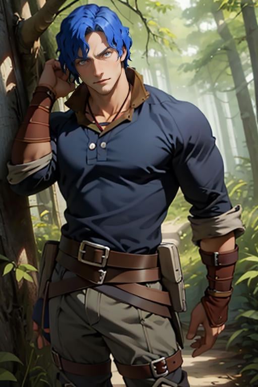 <lora:Brain_Unglaus_Overlord-03:1>, Brain_Unglaus_Overlord, solo, blue eyes, 1boy, blue hair, cowboy shot, male focus, boots, belt, muscular, wavy hair, muscular male, forest, (masterpiece,best quality:1.5)