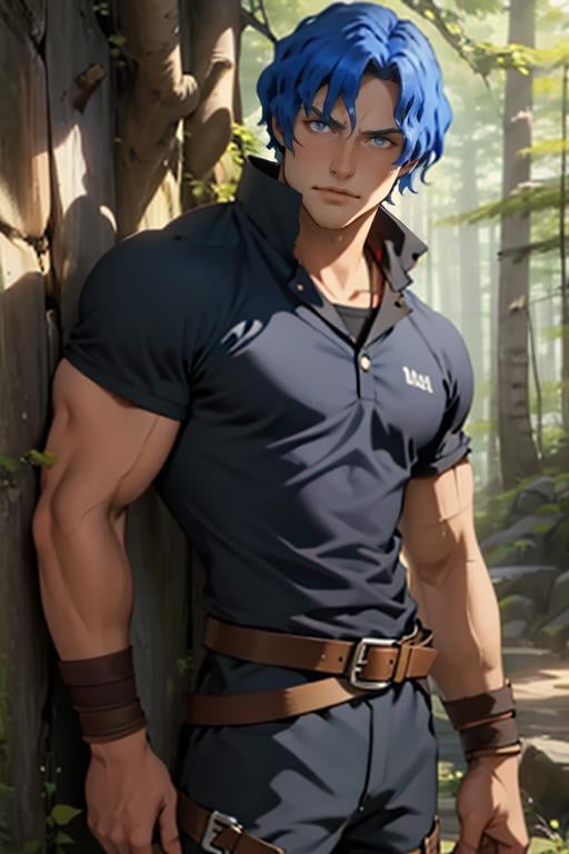 <lora:Brain_Unglaus_Overlord-03:1>, Brain_Unglaus_Overlord, solo, blue eyes, 1boy, blue hair, cowboy shot, male focus, boots, belt, muscular, wavy hair, muscular male, forest, (masterpiece,best quality:1.5)