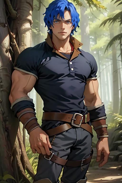 <lora:Brain_Unglaus_Overlord-03:1>, Brain_Unglaus_Overlord, solo, blue eyes, 1boy, blue hair, cowboy shot, male focus, boots, belt, muscular, wavy hair, muscular male, forest, (masterpiece,best quality:1.5)