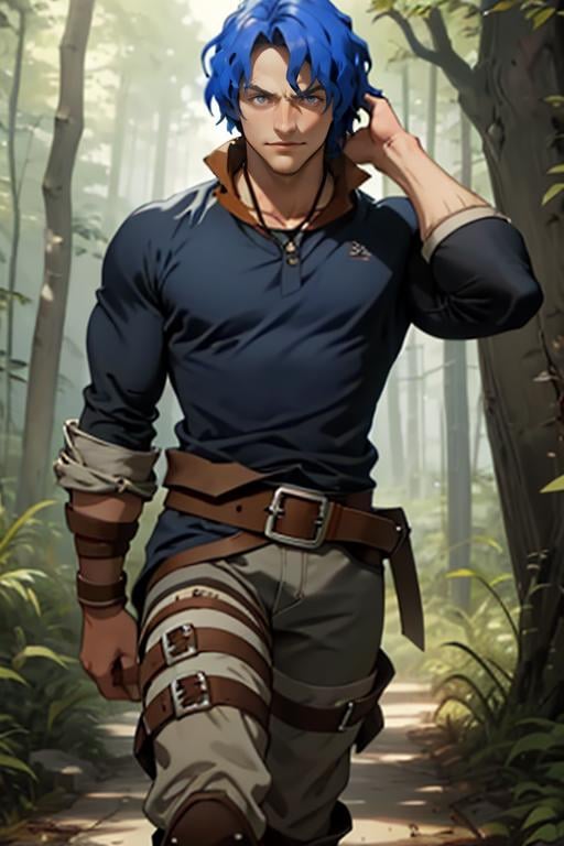 <lora:Brain_Unglaus_Overlord-03:1>, Brain_Unglaus_Overlord, solo, blue eyes, 1boy, blue hair, cowboy shot, male focus, boots, belt, muscular, wavy hair, muscular male, forest, (masterpiece,best quality:1.5)