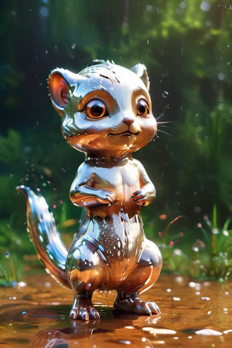 cute tiny wet squirrel in rain, shimmering fur, glittery eyes, cg render, 4k, simple, asthetic (3d, cute, chibi style), ((perfect high detailed image)), hyper-realistic detailed rendering, elegant pose, professional lighting, intricate details,aw0k meltdown style