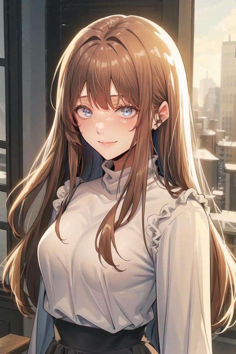 <lora:Verdia:0.8> Verdiadef, blonde hair, blue eyes, long hairstanding, upper body, looking at viewer, turtleneck, white shirt, black skirt, smile, solo, long sleeves, v arms, masterpiece, best quality,  