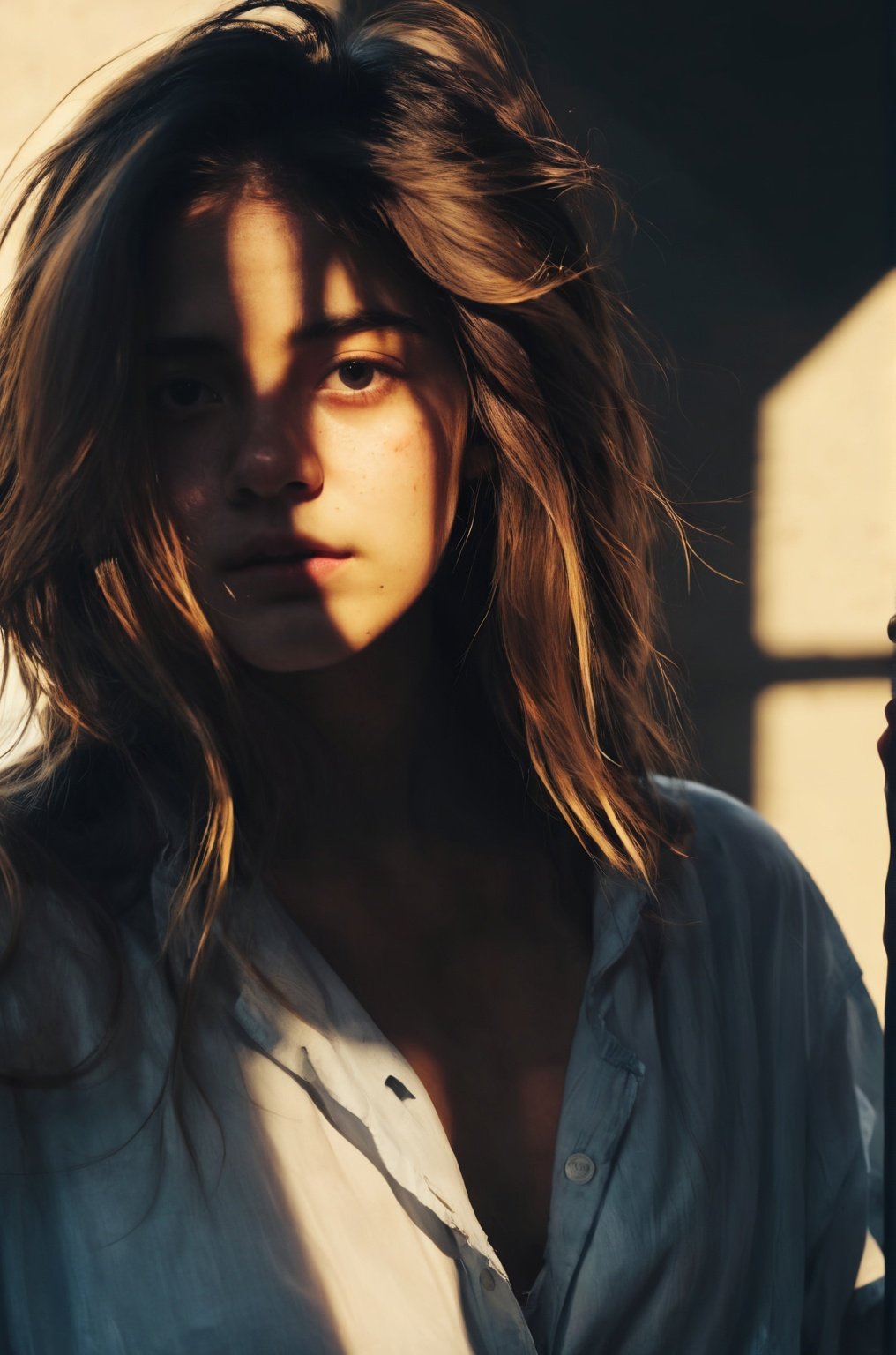  cinematic film still, 1girl, shadow, open shirt, messy long hair,light master