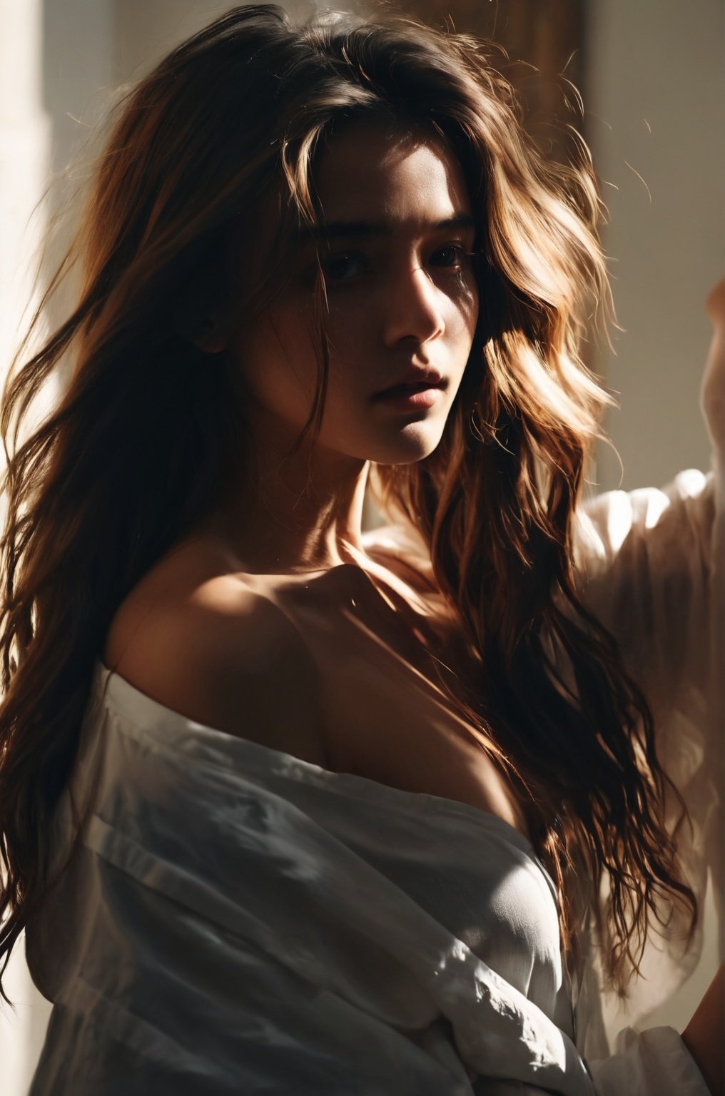  cinematic film still, 1girl, shadow, open shirt, messy long hair,light master