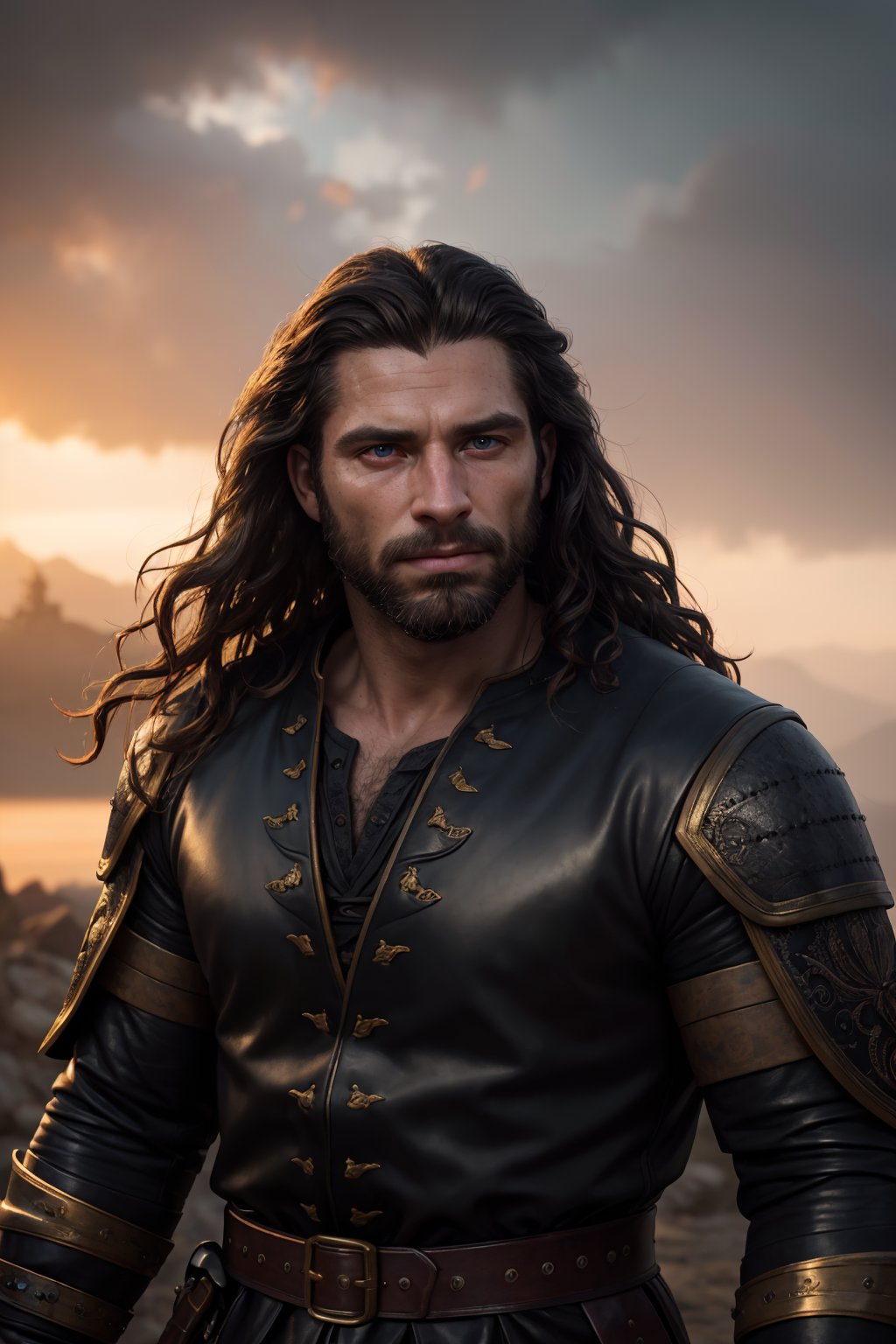 photoreal+, historical, medieval, photorealistic portrait of beautiful European man, man with short beard and long wavy hair, thirty five years old man, fantasy, (dark gloomy look)++, evil brutal warrior in black leather, 16k, skin texture, RAW photo, best quality, masterpiece, soft shadows, sharp focus, depth of field, 32k, extremely detailed eyes and face, cinematic, movie still, sharp lens, high contrast, best quality, 100mm, film photography, dramatic lighting, atmospheric, volumetric lighting, intricate details, perfect, dynamic colors, HDR, artistic, Panavision,  Sunrise++, diffused lighting     