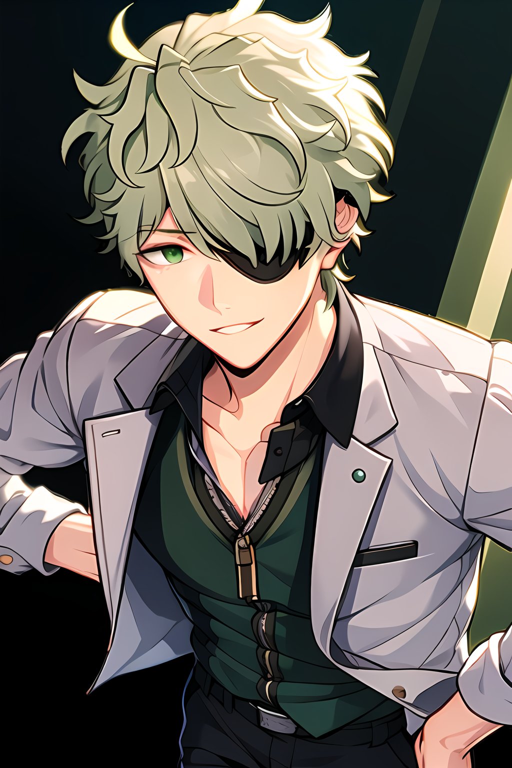 masterpiece, best quality, Looking at viewer, 1boy, solo, male, light ray, upper_body,Keith_Max,Green hair,Green eyes,hair over one eye,eyepatch, dress_shirt, from above,  standing, 