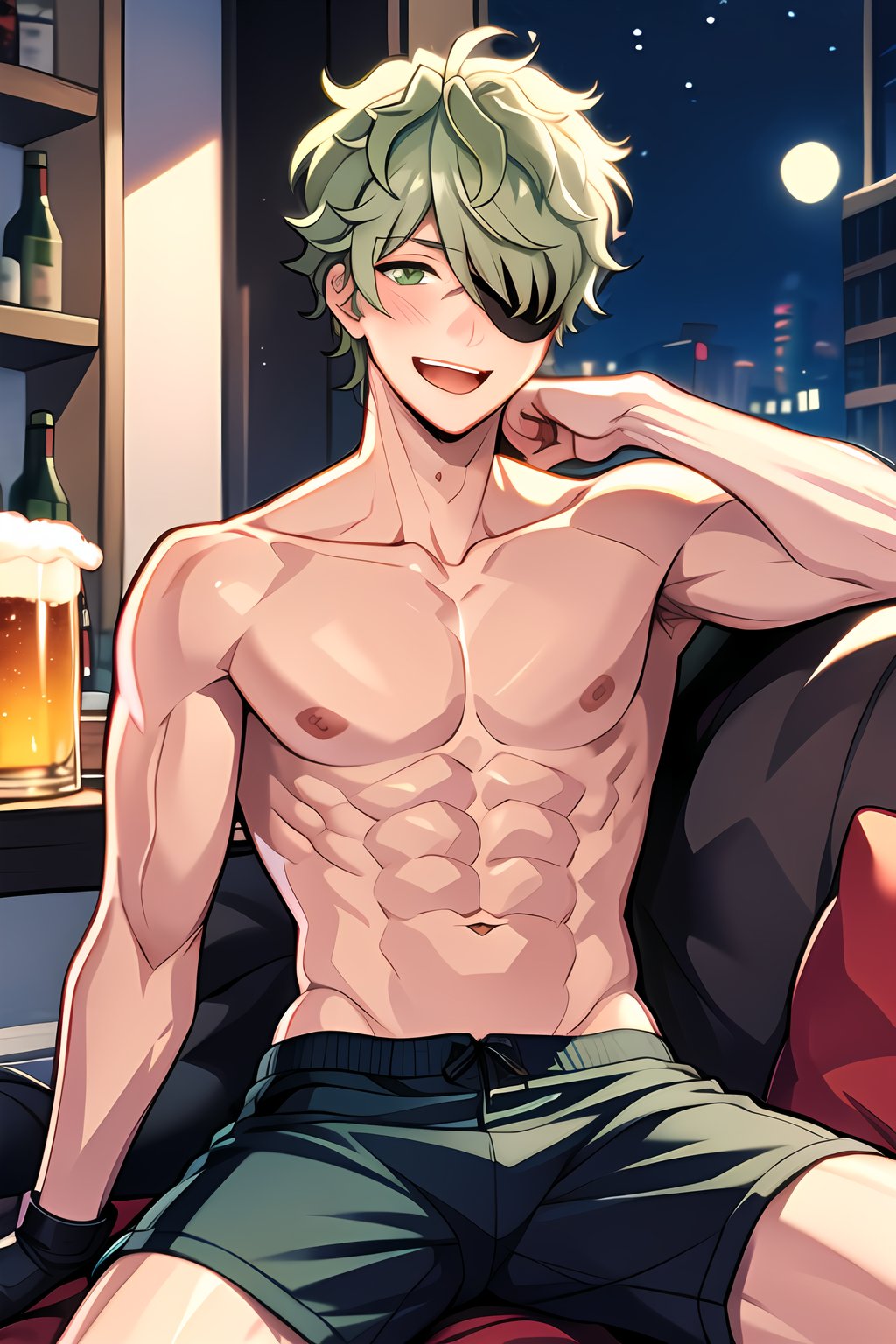 masterpiece, best quality, Looking at viewer, 1boy, solo, male, night,upper_body, sitting,Keith_Max,Green hair,Green eyes,hair over one eye,eyepatch,abs, pectoralis,muscle, topless male, indoors, street, sitting, bear, beer bottle,Drunk, blush, smile,toples, underwear, open mouth,