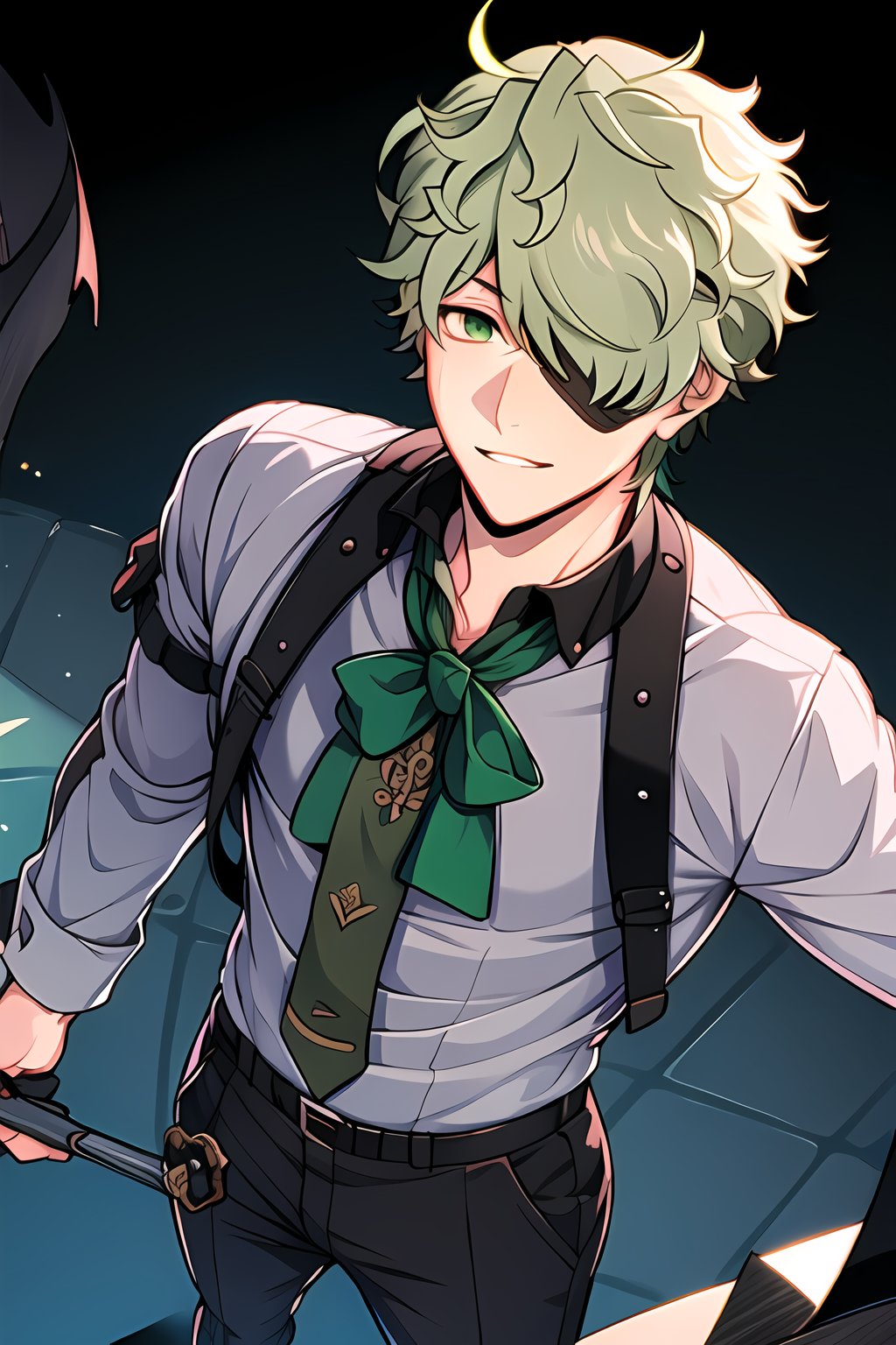 masterpiece,  best quality,  Looking at viewer,  1boy,  solo,  male,  light ray,  upper_body, Keith_Max, Green hair, Green eyes, hair over one eye, eyepatch,  dress_shirt,  from above,  standing,  pipe,<lora:EMS-86893-EMS:1.000000>