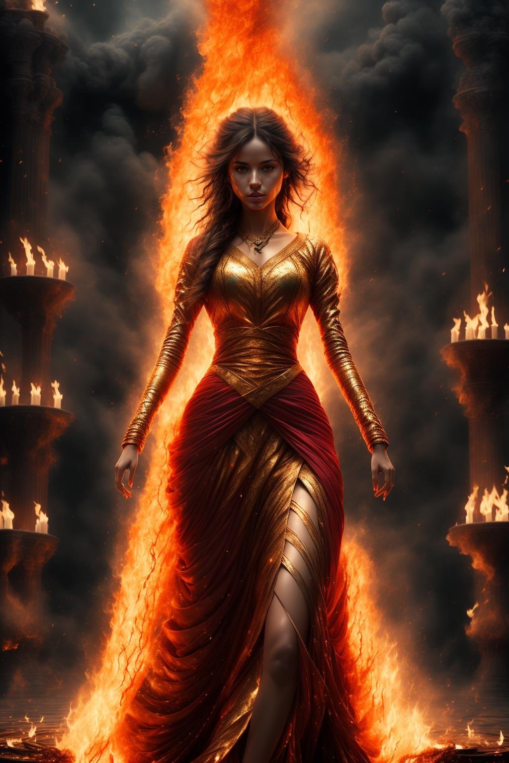 1girl, solo, long hair, fire dress,  black hair, standing,masterpiece, epic realistic, highest quality <lora:F1ame-000004:1>