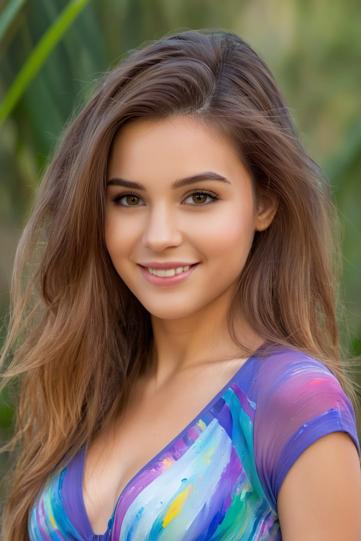 An enchanting 8K oil painting masterpiece,  (A vibrant and youthful woman,  18 years old,  her hair artfully tousled:1.3),  Exquisitely portraying her perfect face with soft,  cute smile,  flawless skin,  adorned with a delightful blend of blue,  yellow,  light purple,  and violet hues,  accentuated with hints of light red,  (An intricate celebration of beauty:1.3),  Every detail meticulously crafted in a mesmerizing display of colors,  resembling a stunning splash screen,  (An 8K resolution masterpiece that captivates the eye:1.3),  A cute face brought to life in the realm of art,  destined to grace ArtStation's digital painting hall of fame,  (A smooth and artistic portrayal that defies convention:1.3),<lora:EMS-86913-EMS:0.800000>