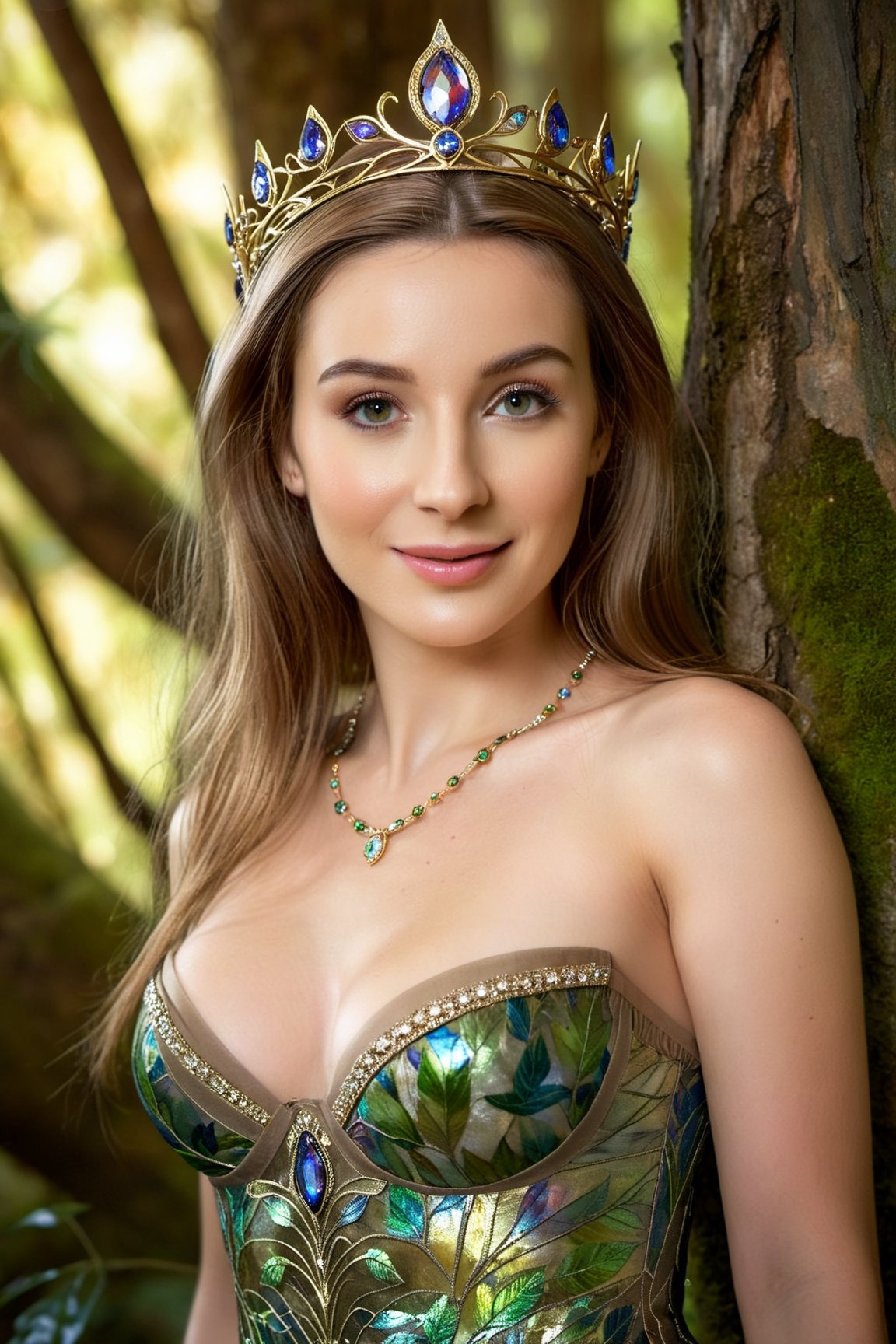 High quality,  masterpiece,  8K,  portrait,  elven queen in a lush forest,  shimmering golden gown,  jeweled tiara,  enigmatic smile,  surrounded by ethereal glowing fauna,  (magic-infused:1.4),  vivid colors,  intricate foliage patterns,  chiaroscuro lighting,  (Pre-Raphaelite art style:1.2),<lora:EMS-86913-EMS:0.800000>