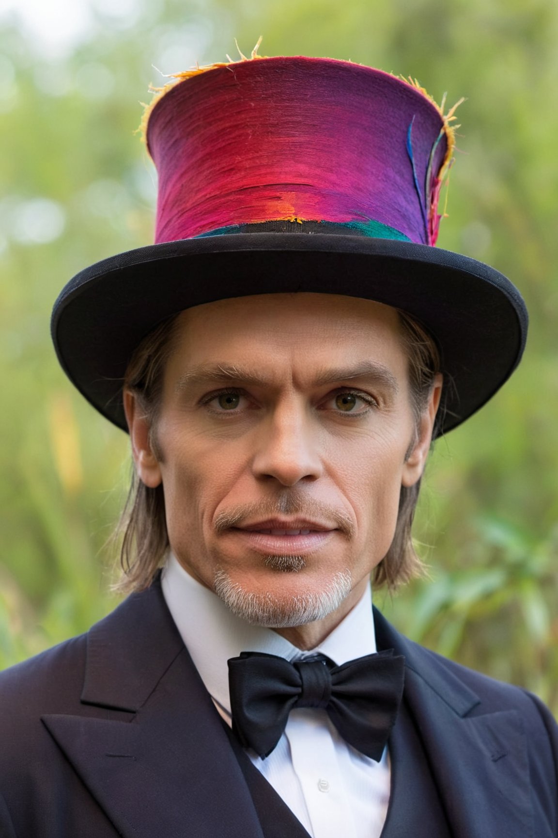 A close up of a man wearing a top hat,  john picacio and brom,  willem dafoe as scarecrow,  best of behance,  madhatter,  josan gonzalez and tyler edlin,  by Jack Davis,  ,  character design,  embers,  bright bold colors,  macro lens,  dark fantasy,  decopunk,  cinematic,  dslr,  bokeh,  american horror story,  redneck,<lora:EMS-86913-EMS:0.800000>