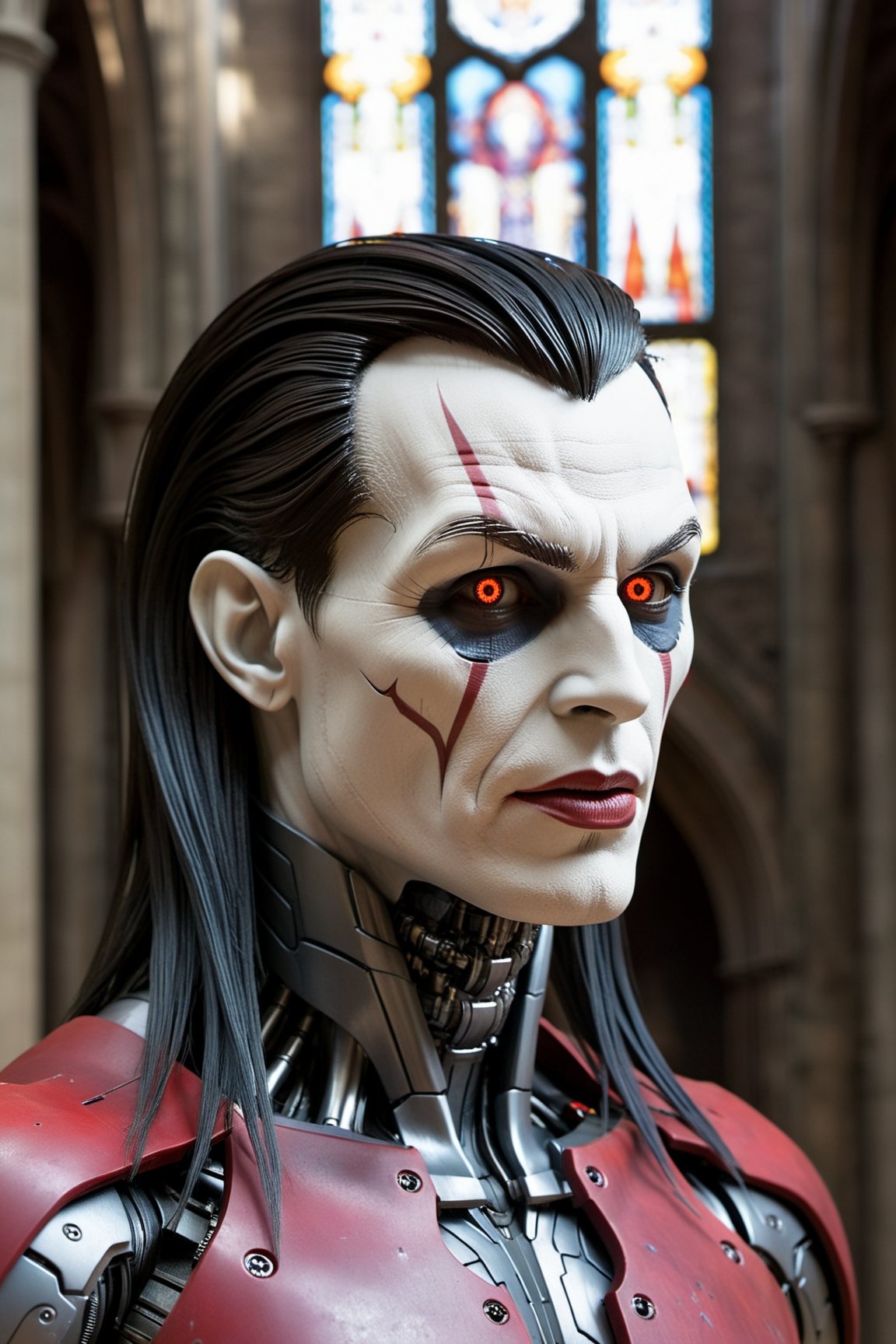 (Morbius from Marvel, portrayed with hyper-realistic perfection and Joker-style hair), (Biomechanical robot in a cyberpunk cathedral), This award-winning photo, featured on Zbrush Central, captures Morbius in a hyper-realistic portrayal with a distinct Joker-style hairdo. The intricate biomechanical details, extremely sharp lines, and the presence of a cybernetic limb complement the cyberpunk atmosphere of a gothic brutalist cathedral illuminated by neon lights.