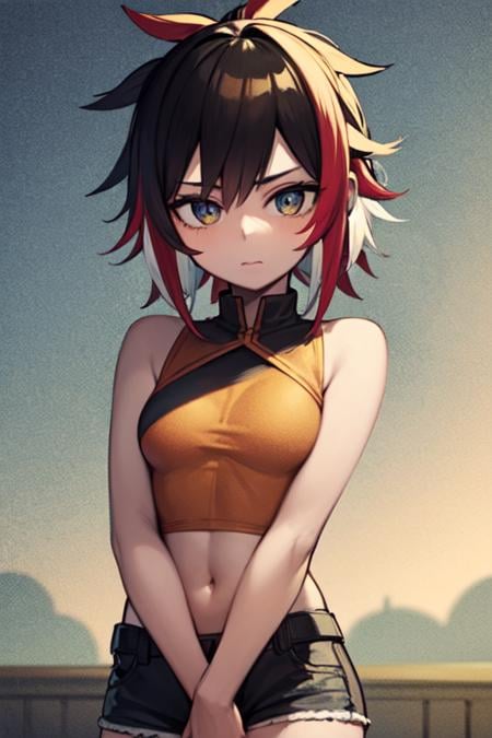best quality, anime, 2d, beautiful eyes, detailed face,beautiful detailed, human body ratio, detail description of face, sunshine, BREAK, (1girl:1.2), (solo:1.2),corn_yellow hair, red_dirt eyes, (multicolored hair:1.3), messy hair, (small breasts:1.2), (little short:1.2), skinny, road, egyptian mythology, tight_pants, samurai