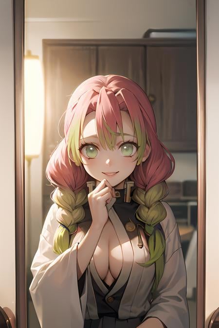 masterpiece, best quality, ultra-detailed, Potrait of beautiful MitsuruDS, solo, demon_slayer_uniform, smile, long_sleeves, looking_at_viewer, japanese_clothes, breasts, cleavage, upper_body, hair_between_eyes, mirror, hands_on_own_cheeks, hands_on_own_face, reflection, volumetric lighting, best quality, masterpiece, intricate details, tonemapping, sharp focus, hyper detailed, trending on Artstation, <lora:MitsuruDS:1.4>