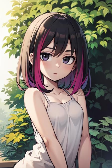 best quality, anime, 2d, beautiful eyes, detailed face,beautiful detailed, human body ratio, detail description of face, (1girl:1.2), (solo:1.2), (multicolored hair:1.3), (small breasts:1.2), (little short:1.2), skinny, (purple_sage_bush hair:1.2), (black eyes:1.2), two-tone hair