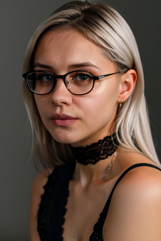 glasses, Sharp Focus, wo_flmika03, head_portrait, (slight smile:0.4), low key lighting, shot on Lumix GH5, cinematic bokeh, lace choker, (gray eyes:0.6), blonde tied hair, (simple background:1.2), sharp cheekbones, teasing, detailed skin