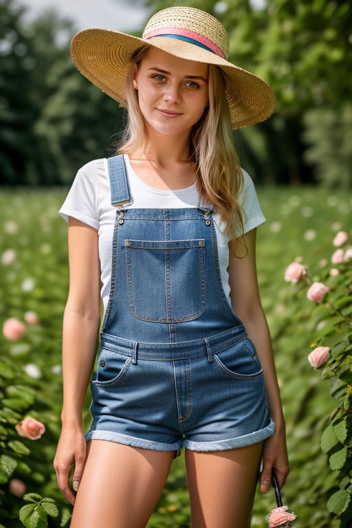 wo_flmika03, gardener tended to her blooming roses, wearing faded denim overalls and a straw hat to shield her from the sun, 4k, sharp focus, high resolution, detailed skin, detailed eyes, 8k uhd, dslr, high quality, film grain