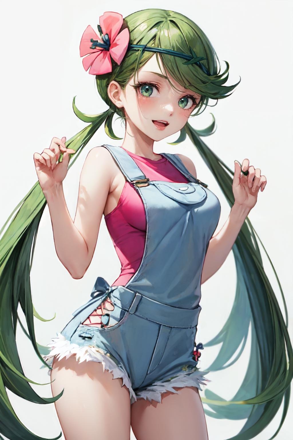 mallow, 1girl, standing, white background, long hair, smile, pink shirt, solo, looking at viewer, bare arms, overalls, simple background, medium breasts, parted lips, open mouth, sleeveless<lora:mallow_pokemon:1> 