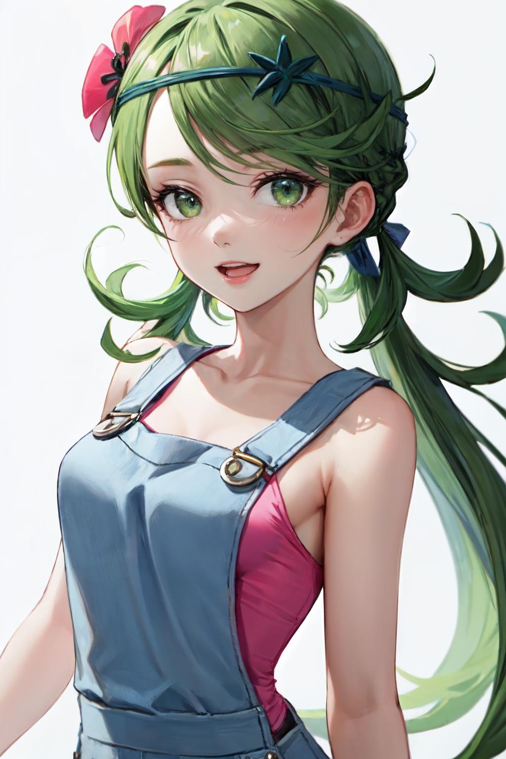 mallow, 1girl, upper body, white background, long hair, smile, pink shirt, solo, looking at viewer, bare arms, overalls, simple background, medium breasts, parted lips, open mouth, sleeveless<lora:mallow_pokemon:1> 