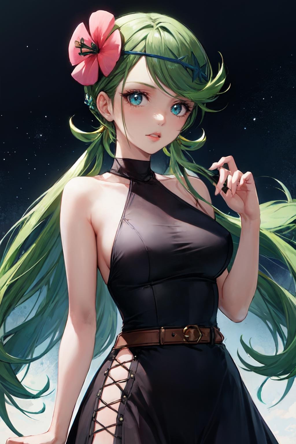 mallow, 1girl,solo, looking at viewer, long hair,hair ornaments,parted lips,beautiful eyes, ultra sharp, dynamic lighting ,retro-chic one-piece with a halter neck, color-blocking design, and a flared skirt for a vintage vibe,<lora:mallow_pokemon:1> 