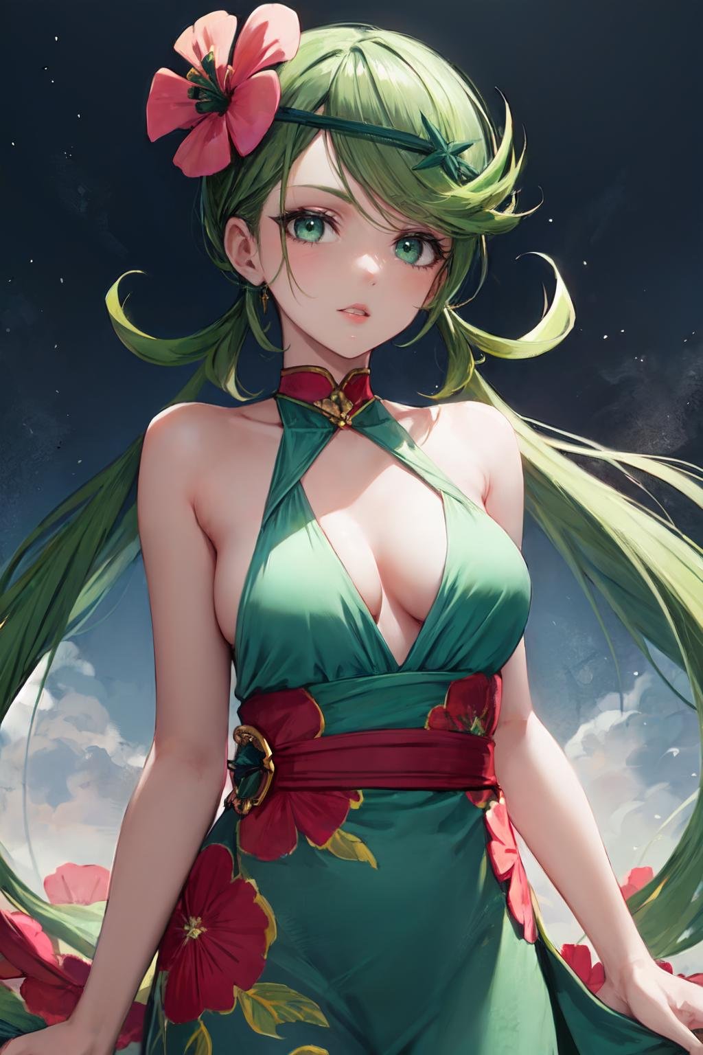 mallow, 1girl,solo, looking at viewer, long hair,hair ornaments,parted lips,beautiful eyes, ultra sharp, dynamic lighting,green eyes,flowing maxi dress with a colorful floral print and a halter neckline,<lora:mallow_pokemon:0.8> 