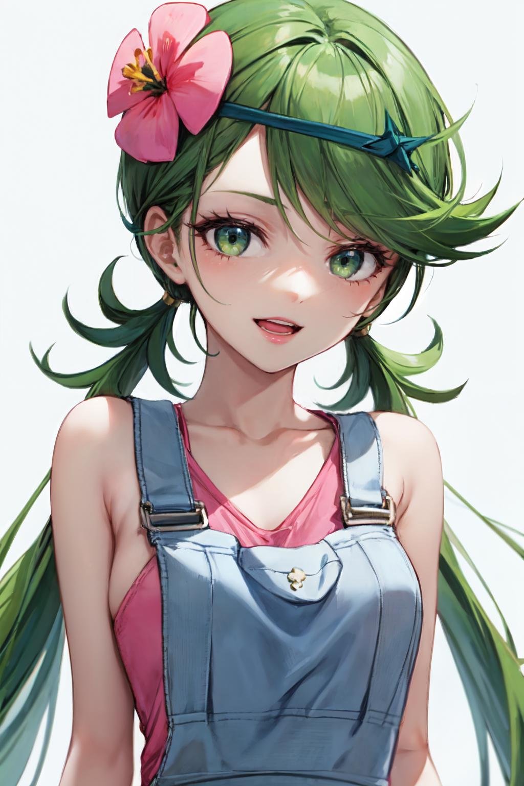 mallow, 1girl, upper body, white background, long hair, smile, pink shirt, solo, looking at viewer, bare arms, overalls, simple background, medium breasts, parted lips, open mouth, sleeveless<lora:mallow_pokemon:1> 