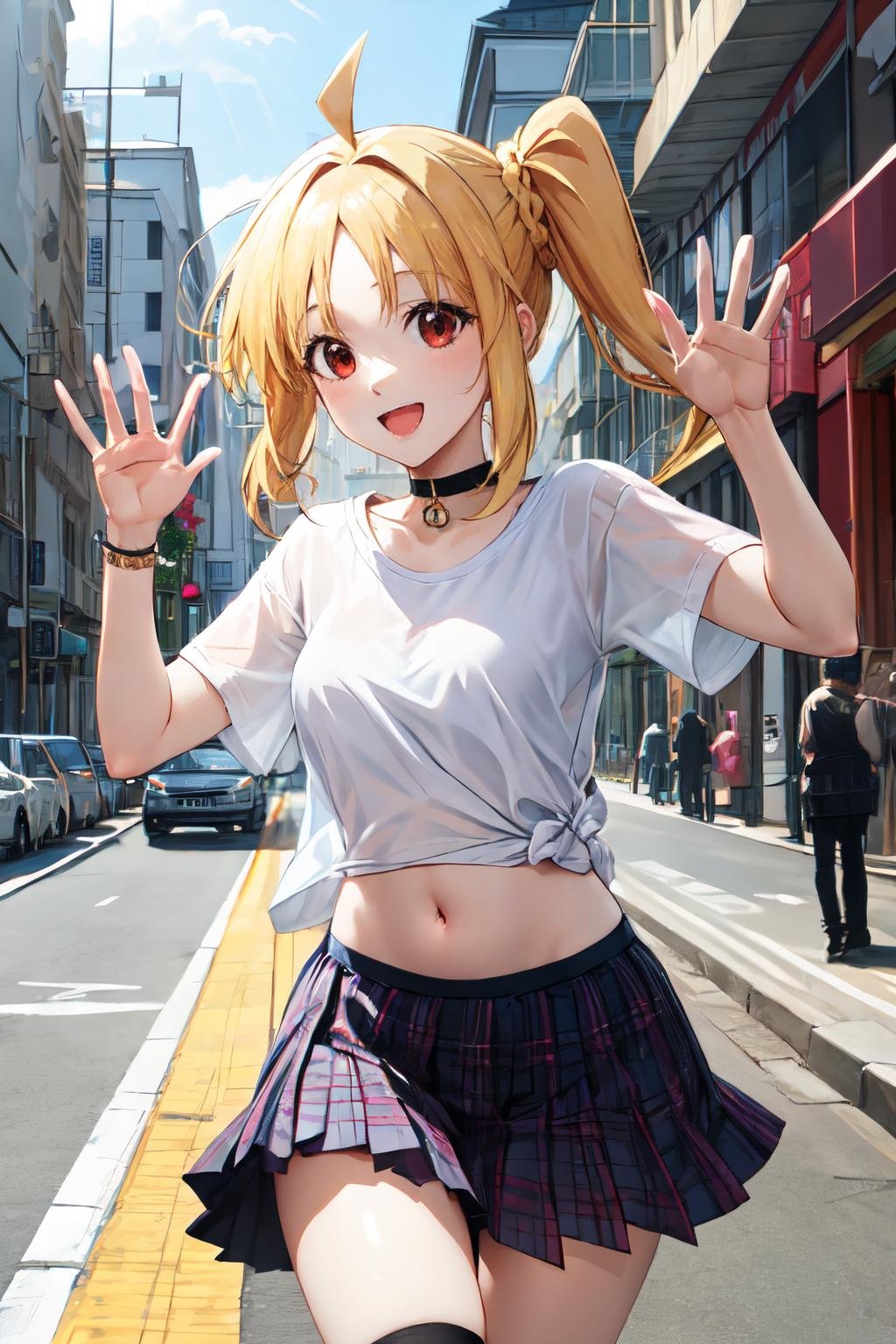 ijichi nijika, 1girl, solo, red eyes,looking at viewer, white shirt, t-shirt, black choker, :d,happy, plaid skirt, navel, shirt overhang, street , medium breasts, kneehighs, mini skirt, thigh gap, see through silhouette, <lora:ijichi_nijika:1> 