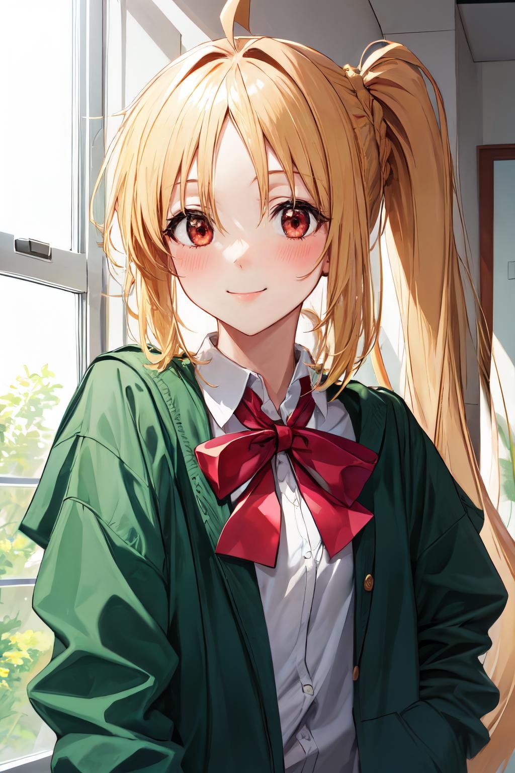 ijichi nijika, 1girl, solo, looking at viewer, blush, smile,red eyes, shirt, hair between eyes, closed mouth, school uniform, white shirt, upper body, sidelocks, collared shirt, indoors, red bow, open jacket, window, green jacket <lora:ijichi_nijika:1> 