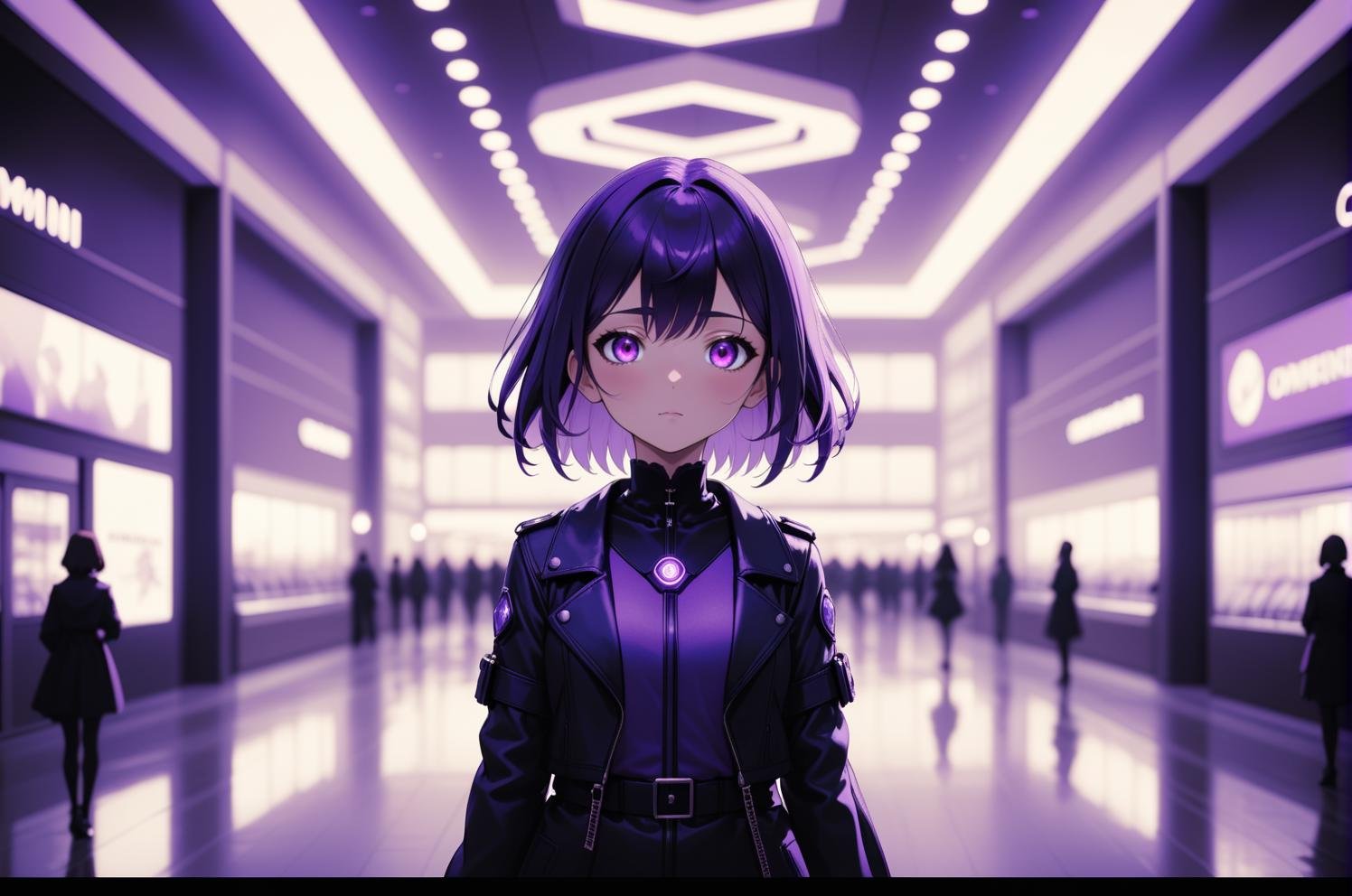 anime opening, (1girl), solo, sexy, mall aesthetic in violet theme atmosphere, (wallpaper style), movie trailer, "Omni", cinematic, screencap, still shot, bokeh, depth of field, perception, sensible <lora:Ng_Test:0.45>