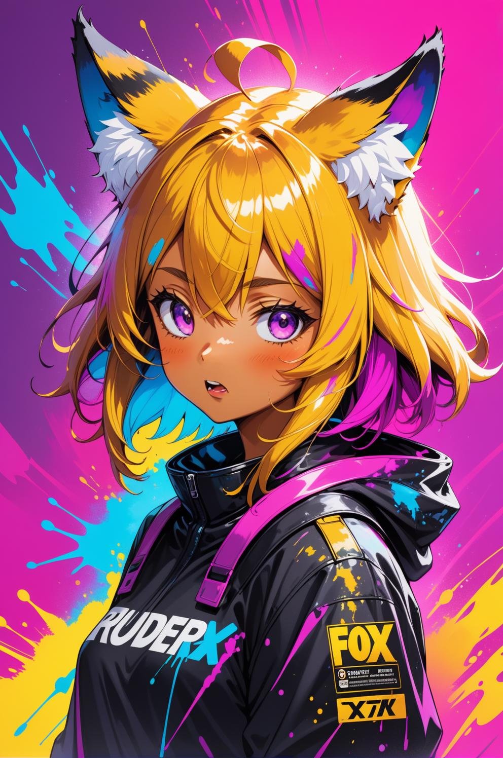 (masterpiece:1.1), (highest quality:1.1), (HDR:1.0), extreme quality, cg, (negative space), detailed face+eyes, 1girl, fox ears, animal ear fluff, (honey:1.2), (bright colors), splashes of color background, colors mashing, paint splatter, complimentary colors, neon, (thunder tiger), irritated, electric, limited palette, synthwave, fine art, tan skin, upper body, (red and magenta:1.2), time stop