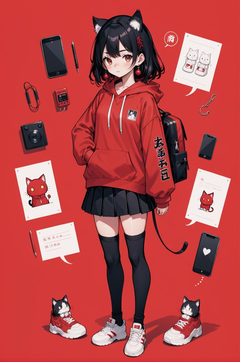 1girl, red eyes, red background, hood, backpack, cat, red hoodie, drawstring, black hair, shoes, hood down, hoodie, long sleeves, solo, bag, holding, hair ornament, english text that reads "anime", socks, earrings, white footwear, bangs, looking at viewer, jewelry, sneakers, phone, standing, blush, full body, skirt, medium hair, black socks, hairclip, red theme, speech bubble, closed mouth, sleeves past wrists, simple background, black skirt, masterpiece, best quality, high quality, doodle