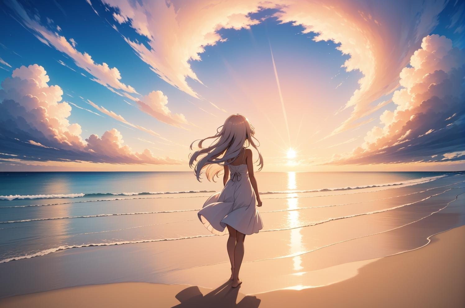 an anime woman watching the sunset along the beach, horizon, shell, clouds, long hair, white sundress, (fisheye lens:0.8), joy, courage, inspiring, anime opening, anime wallpaper, video