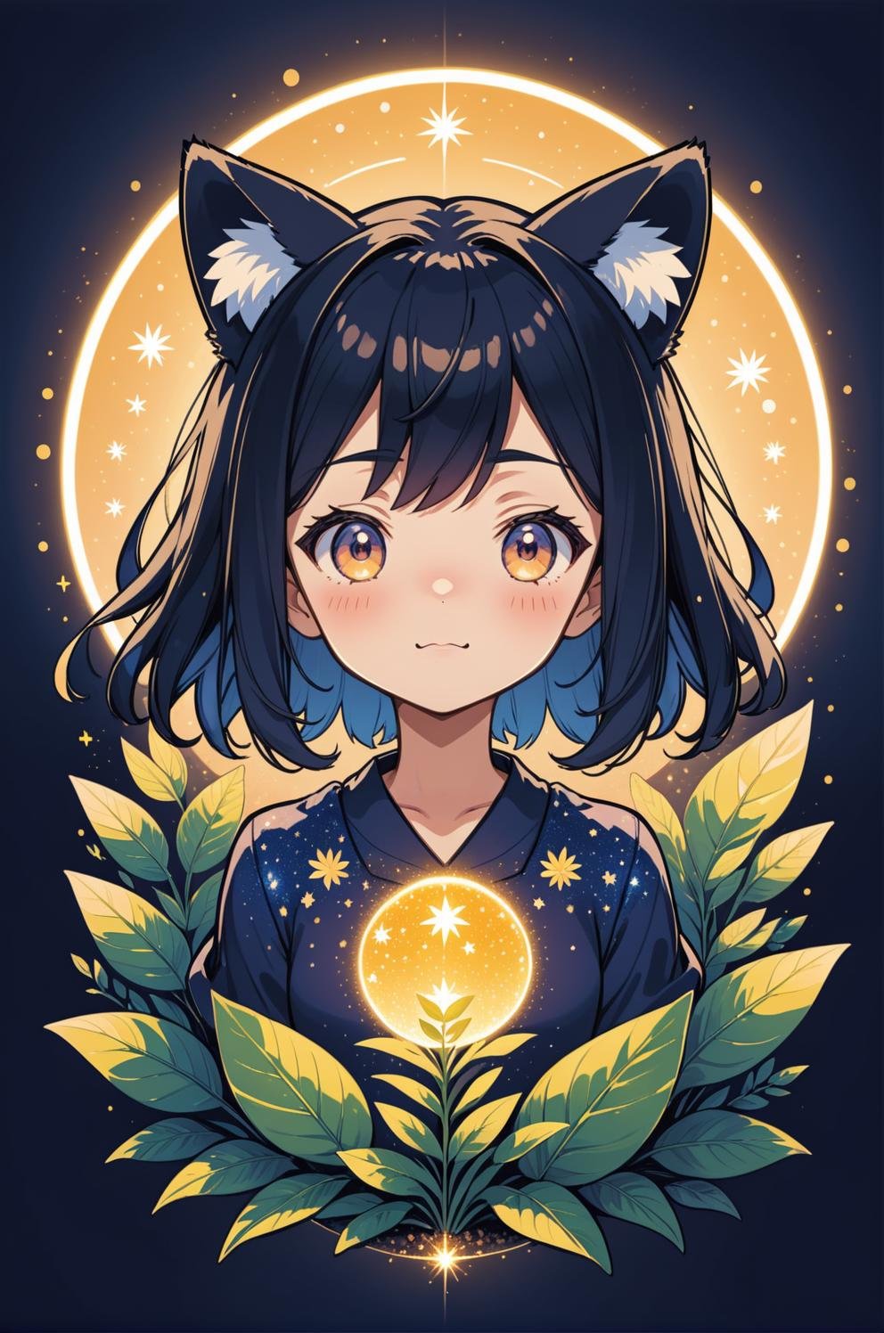 a happy anime girl, logo that says ("Amber Light"), anime, thick outlines, cute style, black hair, plants, sparkles, light particles, texturing, flat icon, flat color theme, animal ears, indigo patterned background