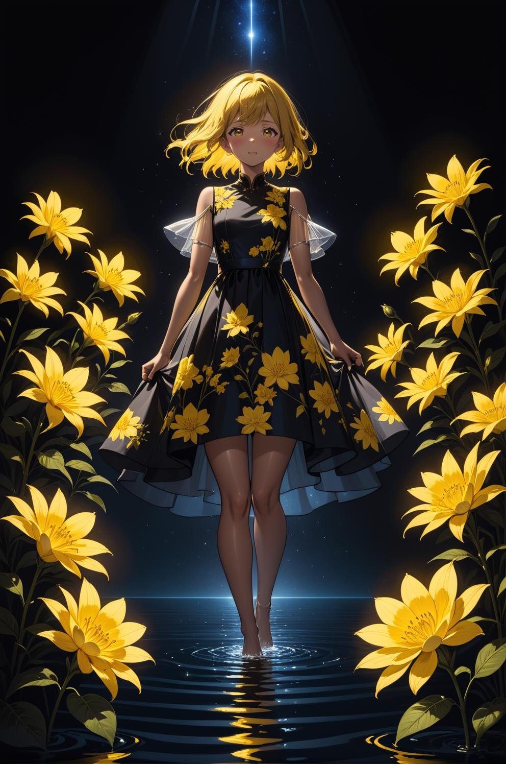 flowers, water dress, (black background:1.5), best illumination, (extremely detailed hyperrealistic masterpiece), night sky, blooming dark yellow flowers, ArtStation, (best quality), high contrast, bottom 5800K floodlight, game art