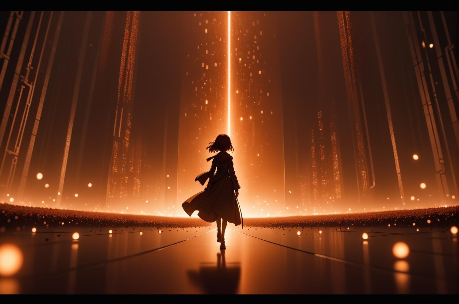 anime opening, (1girl), solo, Enchanted Realms aesthetic in Burnt sienna theme atmosphere, (wallpaper style), matrix, movie trailer, "Omni", cinematic, screencap, still shot, bokeh, depth of field, perception, looking