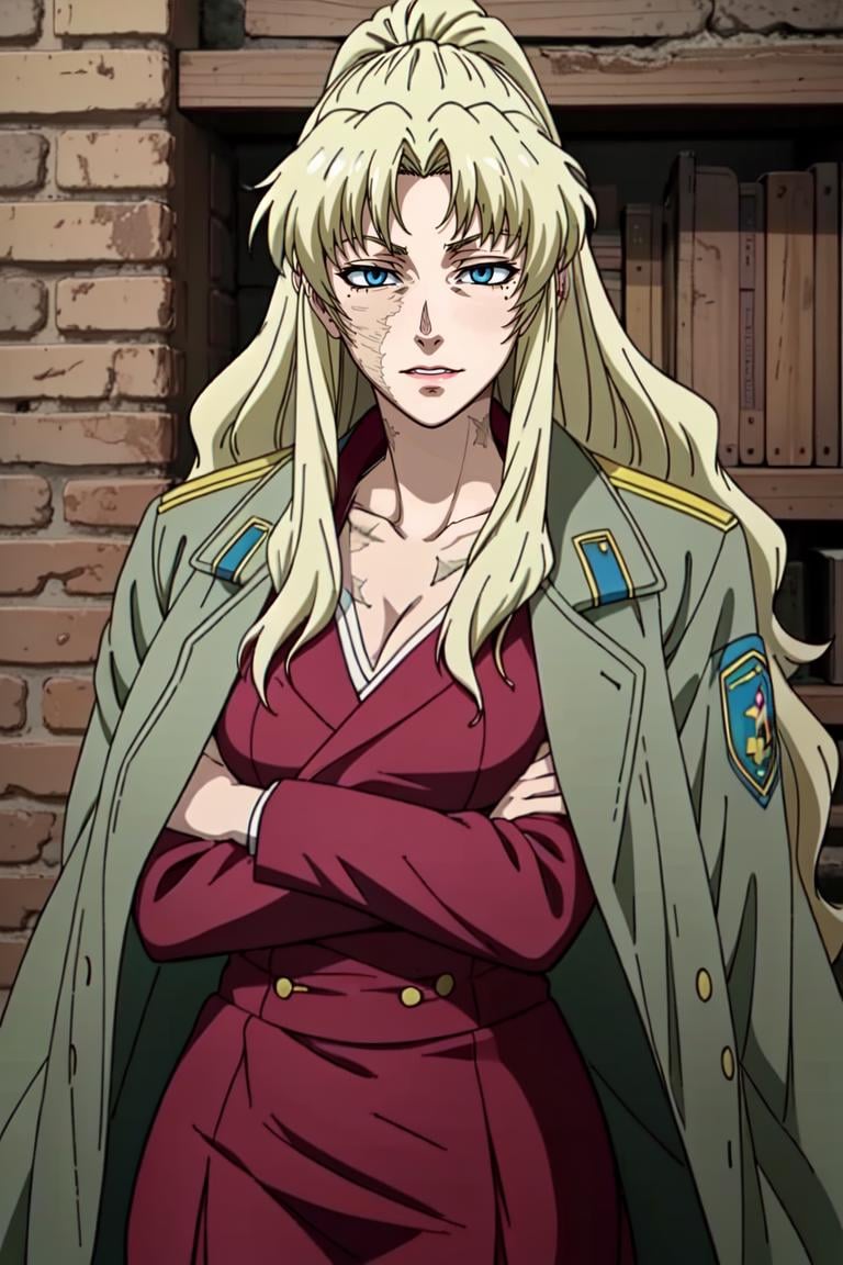 balalaika, blonde hair, long hair, 1girl, scar, solo, mole under eye, blue eyes, burn scar, skirt, blonde hair, coat <lora:balalaika-15:0.55>