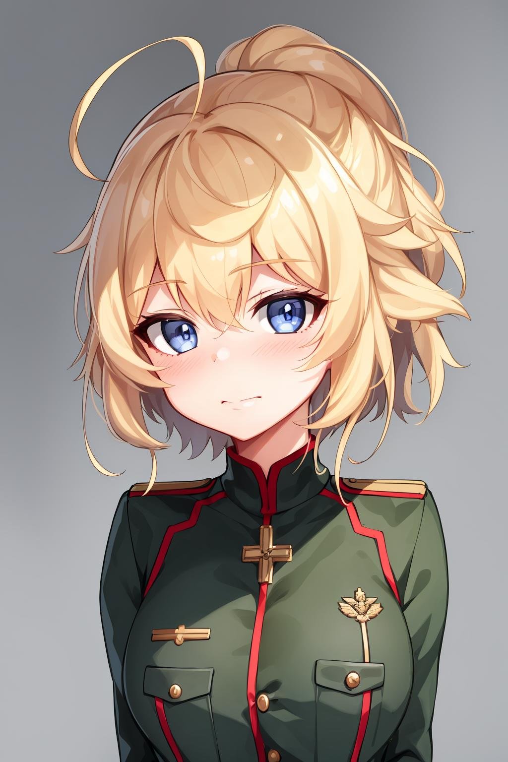 1girl, <lora:Tanya Degurechaff:0.6>,ahoge, shirt, closed mouth,  mature female, military uniform,(masterpiece:1.0), (best quality:1.0), (8k wallpaper:1.0), extremely delicate and beautiful, (beautiful detailed face:1.0), (detailed deep eyes), symmetrical breasts, deep eyes,