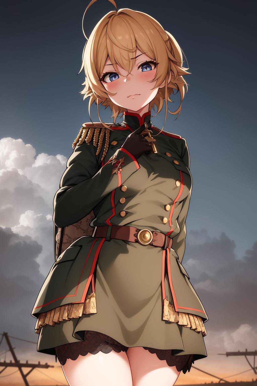 1girl, <lora:Tanya Degurechaff:0.6>,ahoge, shirt, closed mouth,  mature female, military uniform,(masterpiece:1.0), (best quality:1.0), (8k wallpaper:1.0), extremely delicate and beautiful, (beautiful detailed face:1.0), (detailed deep eyes), symmetrical breasts, deep eyes,, (dark shot:1.17), epic realistic, faded, ((neutral colors)), art, (hdr:1.5), (muted colors:1.2), hyperdetailed, (artstation:1.5), cinematic, warm lights, dramatic light, (intricate details:1.1), complex background, (rutkowski:0.8), (teal and orange:0.4)